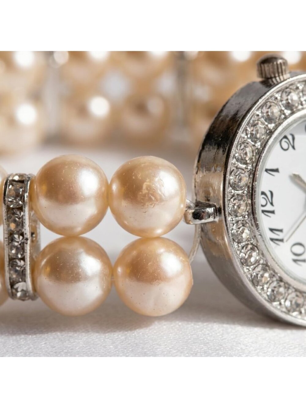 Women's Silver White Rhinestone Pearl Elegant Elastic Bangle Rhinestone Watches - Picture 4 of 6